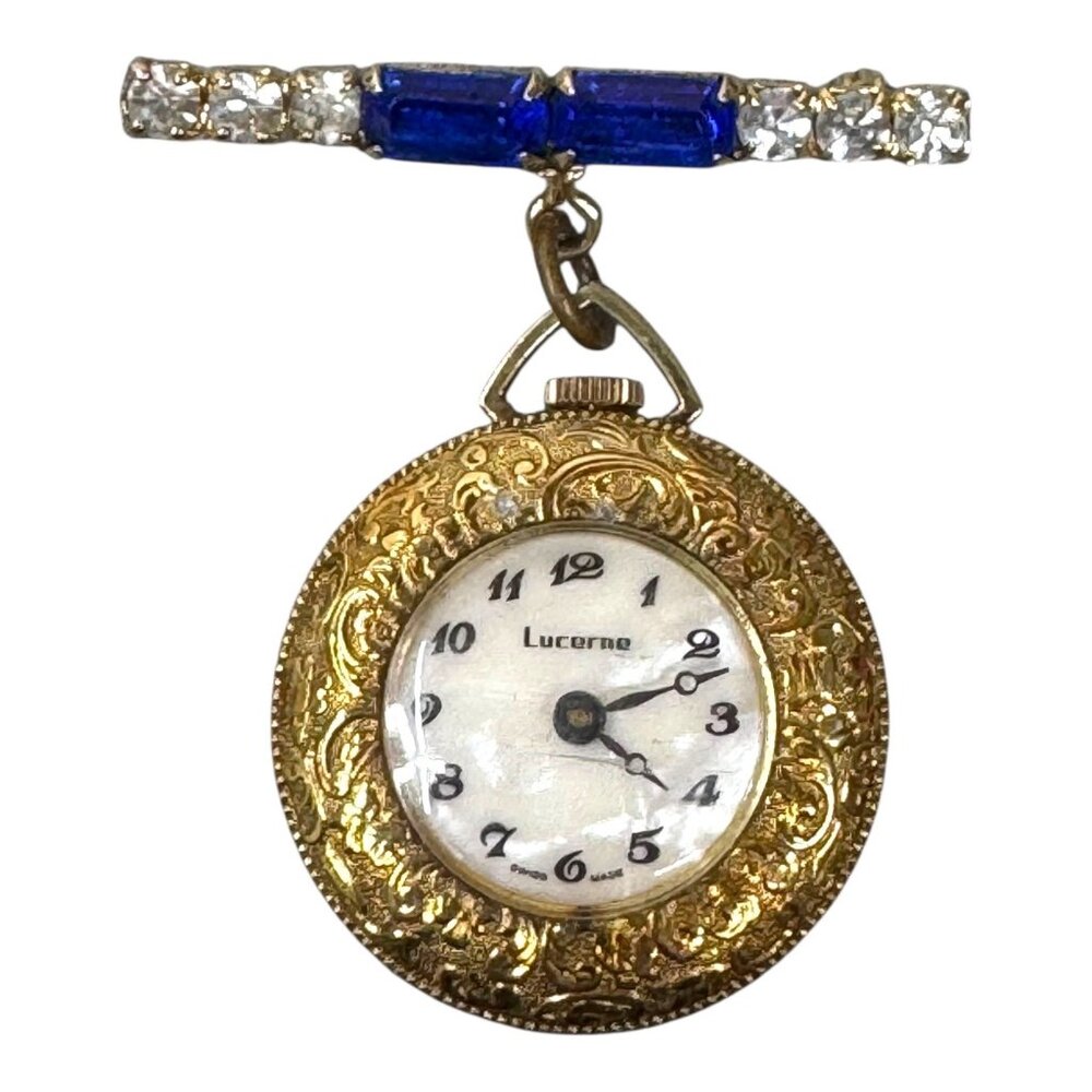 Vintage Lucerne Brooch Watch Swiss Made Gold Tone Etched Face Rhinestones Blue